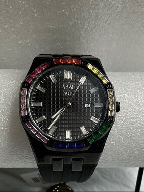 Aj's Vip Black Men's Watch with Multicolor VVS Cz Crystals